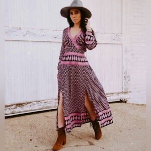 Anthropologie Raga Pink/Navy Avah Print Split Front Long Sleeve Maxi Dress Sz M